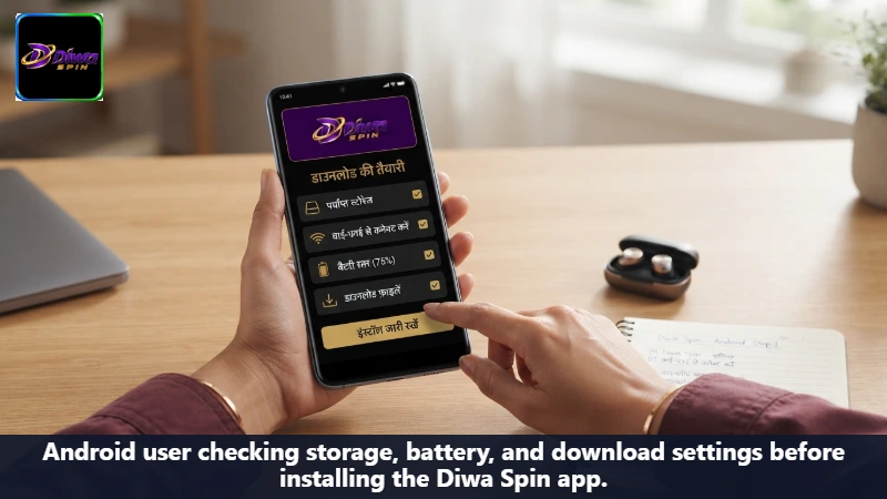 Android user checking storage, battery, and download settings before installing the Diwa Spin app.