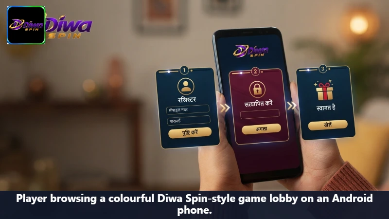 Player browsing a colourful Diwa Spin-style game lobby on an Android phone.