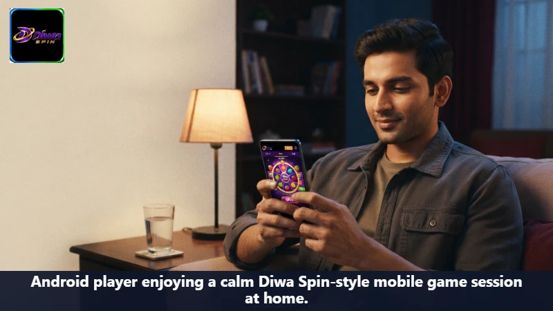 Android player enjoying a calm Diwa Spin-style mobile game session at home.